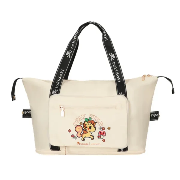 Tokidoki Expandable Travel Duffle Bag - Cute Unicorno Foldable Weekender Tote with Luggage Sleeve for Women, Cream