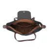 Interior of black nylon shoulder bag showing brown lining, zippered pocket, and spacious main compartment.