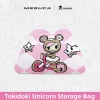 Light pink MESUCA x Tokidoki knit storage bag with cat girl riding bicycle jacquard on diamond check pattern.