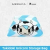 Sky blue MESUCA x Tokidoki knit storage bag with cow character jacquard on lightning stripe pattern, trapezoid shape.