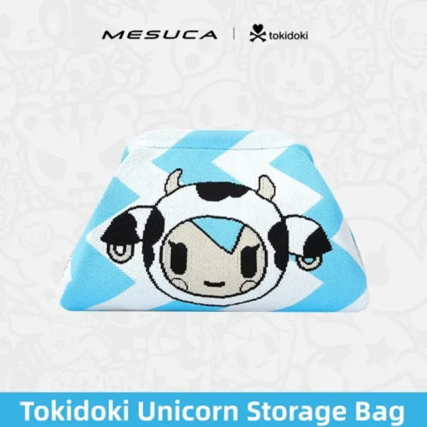 Sky blue MESUCA x Tokidoki knit storage bag with cow character jacquard on lightning stripe pattern, trapezoid shape.