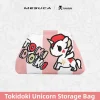 Pink striped MESUCA x Tokidoki knit storage bag featuring classic Unicorno character jacquard and brand lettering.