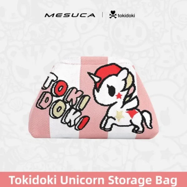 Pink striped MESUCA x Tokidoki knit storage bag featuring classic Unicorno character jacquard and brand lettering.