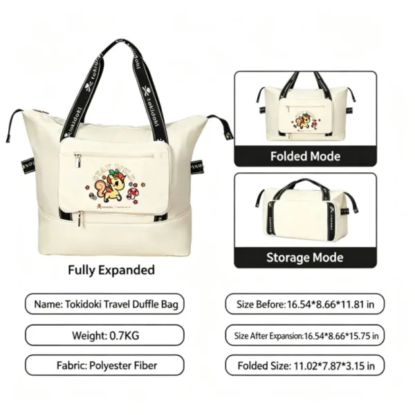 A cream Tokidoki polyester travel duffle bag showing three modes: fully expanded, folded, and storage mode, with size dimensions and 0.7kg lightweight specs.