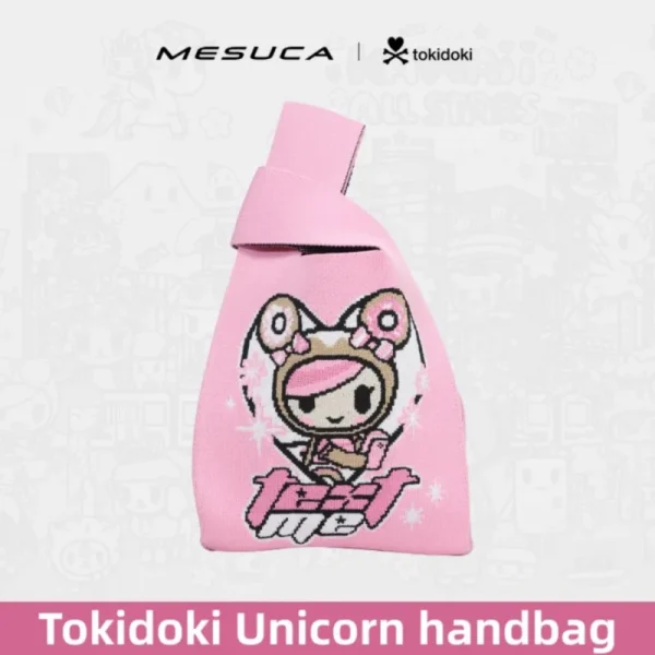 Pink Tokidoki knit wristlet bag with adorable cat girl character jacquard print and soft wide wrist strap for women.