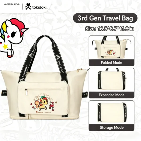 The 3rd generation cream Tokidoki expandable travel bag featuring a cute unicorn design, shown in folded, expanded, and compact storage modes for easy travel.