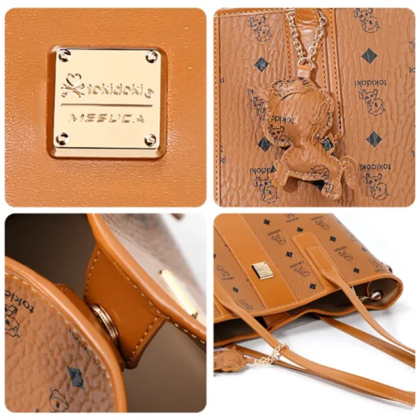 Close-ups of cognac Tokidoki tote: gold logo plaque, unicorn charm, magnetic snap and reinforced shoulder straps.