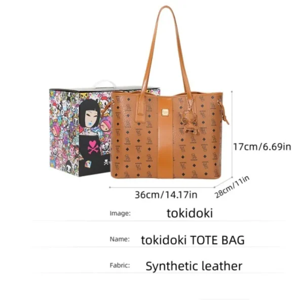 Tokidoki tote bag in cognac synthetic leather with unicorn monogram print, sized 36cm x 28cm x 17cm, shown with gift box.