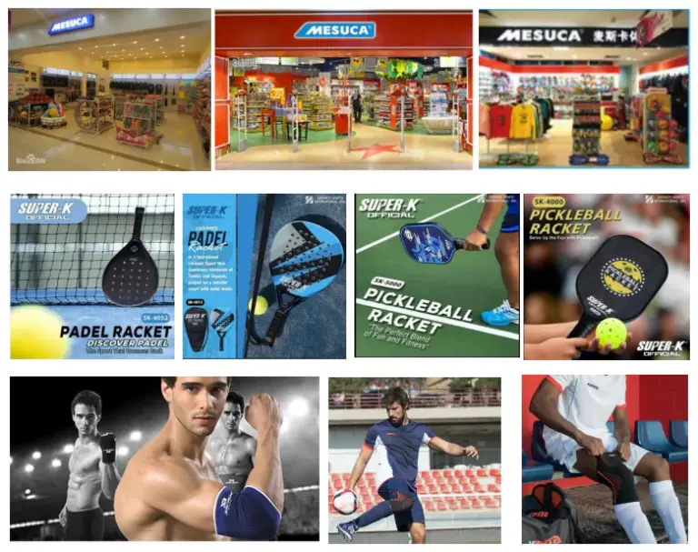 A nine-panel collage of MESUCA sports and lifestyle products: a branded retail storefront with red signage, SUPER-K Official padel and pickleball racket posters set on a green court, and athletes modeling protective gear such as elbow sleeves and shin guards.