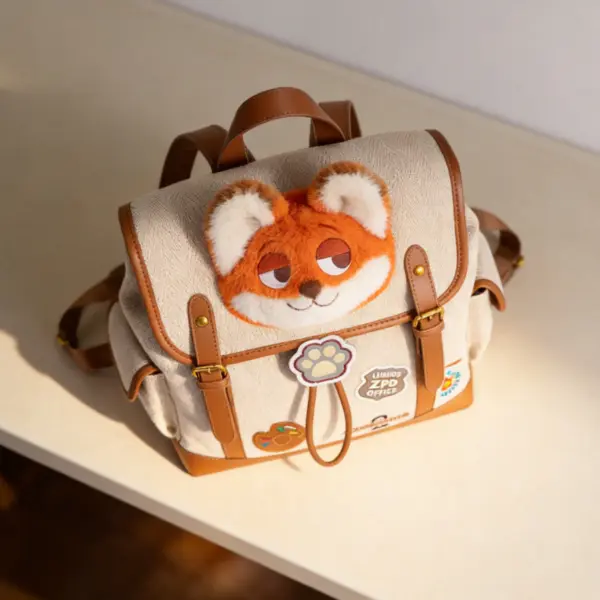 High angle shot of a cute fox-themed backpack resting on a white desk, showcasing the fluffy texture and patches.