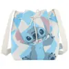 Front view of a blue and white woven bucket bag featuring a large Disney Stitch character design and drawstring closure.