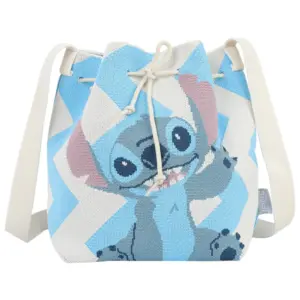 Front view of a blue and white woven bucket bag featuring a large Disney Stitch character design and drawstring closure.