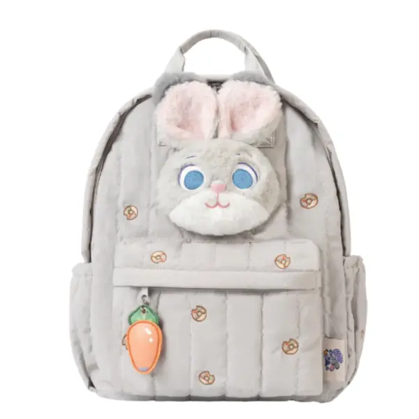 Direct front shot of the soft grey padded school bag with a large 3D Judy Hopps face applique and zippered front pocket.