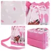 Collage showing close-ups of the pink knit fabric, sprinkles pattern, drawstring knot, and Nick & Judy character faces.