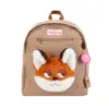 Direct front shot of the camel-colored padded school bag with a prominent 3D orange fox head applique, big ears, and zippered front pocket.