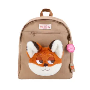 Direct front shot of the camel-colored padded school bag with a prominent 3D orange fox head applique, big ears, and zippered front pocket.