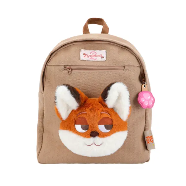 Direct front shot of the camel-colored padded school bag with a prominent 3D orange fox head applique, big ears, and zippered front pocket.