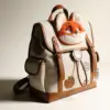 Artistic shot of a Zootopia themed backpack with donut charm and paw print patch, warm lighting on a neutral background.