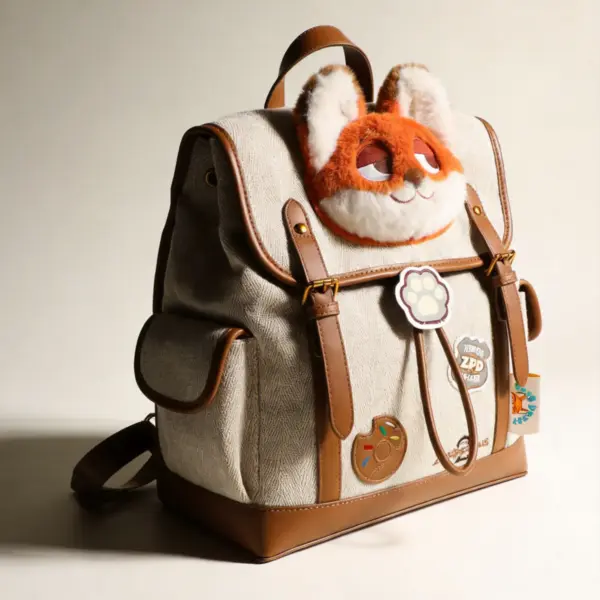 Artistic shot of a Zootopia themed backpack with donut charm and paw print patch, warm lighting on a neutral background.