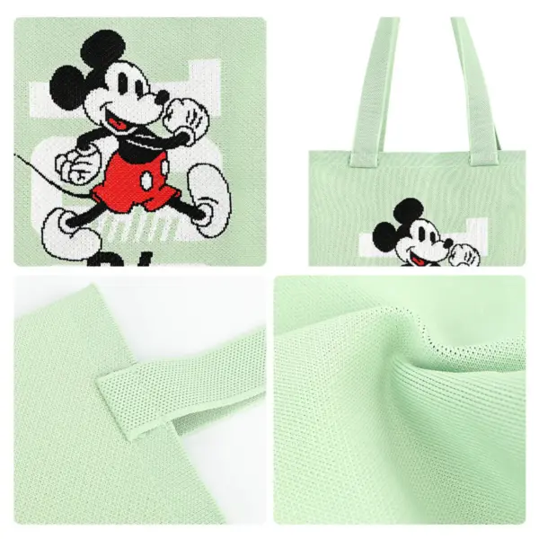 Collage showing close-ups of the intarsia knit Mickey design, strap attachment, and breathable mesh fabric texture.