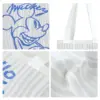 Collage showing close-ups of the blue sketch Mickey design, white woven texture, strap attachment, and breathable mesh fabric.