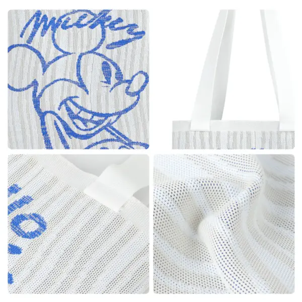 Collage showing close-ups of the blue sketch Mickey design, white woven texture, strap attachment, and breathable mesh fabric.