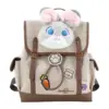 Front view of a beige canvas backpack with Judy Hopps plush head, "Junior ZPD Officer" badge, and carrot accessory.