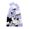 Front view of a purple and white striped knit bag featuring a large Minnie Mouse graphic with a polka dot bow.