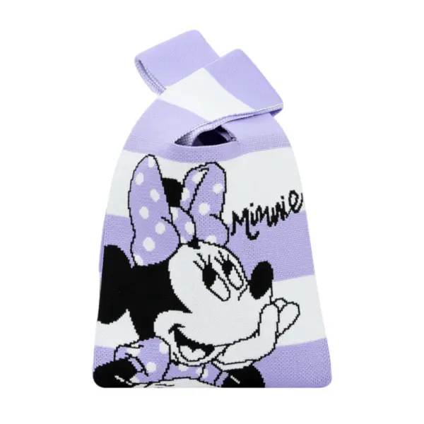Front view of a purple and white striped knit bag featuring a large Minnie Mouse graphic with a polka dot bow.