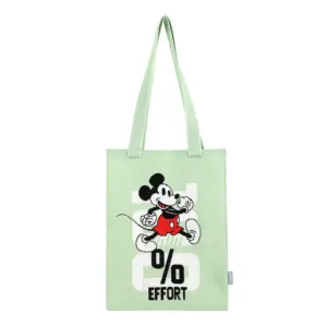 Front view of a mint green knit tote bag featuring a running Mickey Mouse graphic and "100% EFFORT" text.