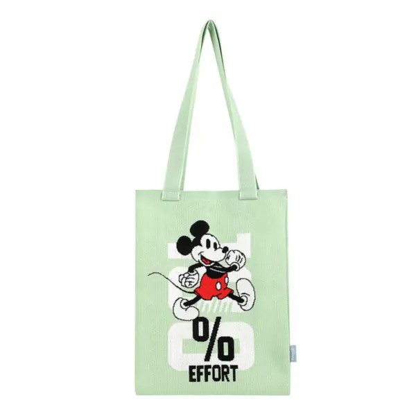 Front view of a mint green knit tote bag featuring a running Mickey Mouse graphic and "100% EFFORT" text.