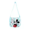 Front view of a light blue and white chevron knit bag featuring a classic waving Mickey Mouse graphic.