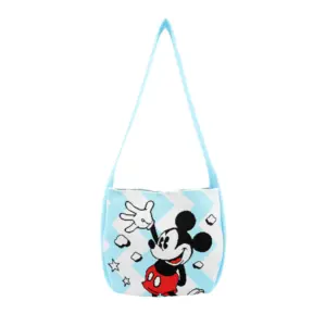 Front view of a light blue and white chevron knit bag featuring a classic waving Mickey Mouse graphic.