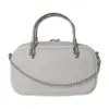 Clean back view of the structured shoulder bag showcasing the smooth light grey canvas texture and detachable silver chain strap.