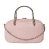 Clean back view of the structured shoulder bag showcasing the smooth pink canvas texture and detachable silver chain strap.