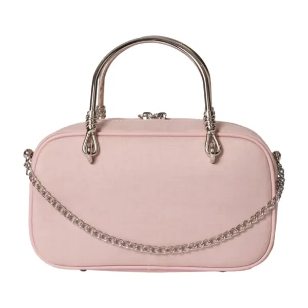 Clean back view of the structured shoulder bag showcasing the smooth pink canvas texture and detachable silver chain strap.