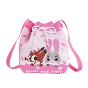 Front view of a pink knitted bucket bag featuring cute Nick Wilde and Judy Hopps characters peeking over a donut frosting design.