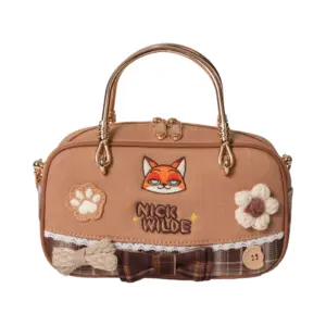Direct front shot of a tan mini tote bag with embroidered fox face, lace trim, bow tie, crochet flowers, and "NICK WILDE" text.
