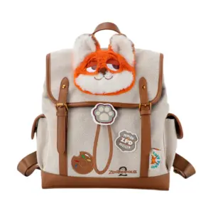 Front view of a beige canvas backpack with Nick Wilde plush head, "Junior ZPD Officer" badge, and donut accessory.
