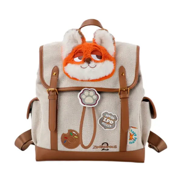 Front view of a beige canvas backpack with Nick Wilde plush head, "Junior ZPD Officer" badge, and donut accessory.