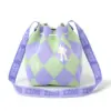 Front view of a lavender and mint green diamond pattern bucket bag featuring white Buzz Lightyear silhouettes.