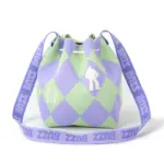 Front view of a lavender and mint green diamond pattern bucket bag featuring white Buzz Lightyear silhouettes.
