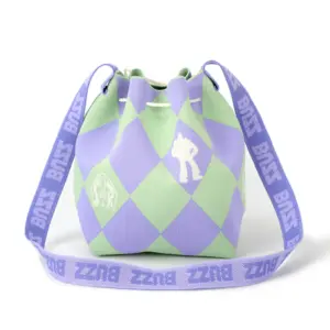 Front view of a lavender and mint green diamond pattern bucket bag featuring white Buzz Lightyear silhouettes.
