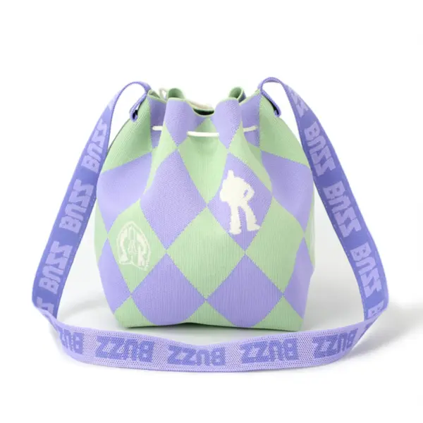 Front view of a lavender and mint green diamond pattern bucket bag featuring white Buzz Lightyear silhouettes.
