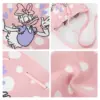 Collage showing close-ups of the Daisy Duck intarsia knit, drawstring closure, strap attachment, and polka dot fabric.