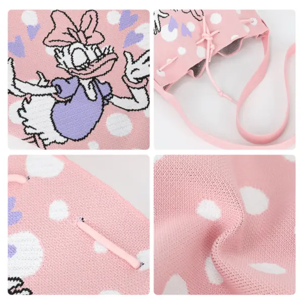 Collage showing close-ups of the Daisy Duck intarsia knit, drawstring closure, strap attachment, and polka dot fabric.