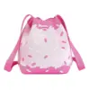 Back view of a pastel pink woven bag with white frosting and sprinkle pattern, featuring a drawstring closure.