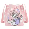 Front view of a pink knit bucket bag with white polka dots and a large Daisy Duck graphic in a purple dress.