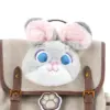 Extreme close-up of the soft grey and pink faux fur Judy Hopps ears and blue eyes applique on the backpack flap.