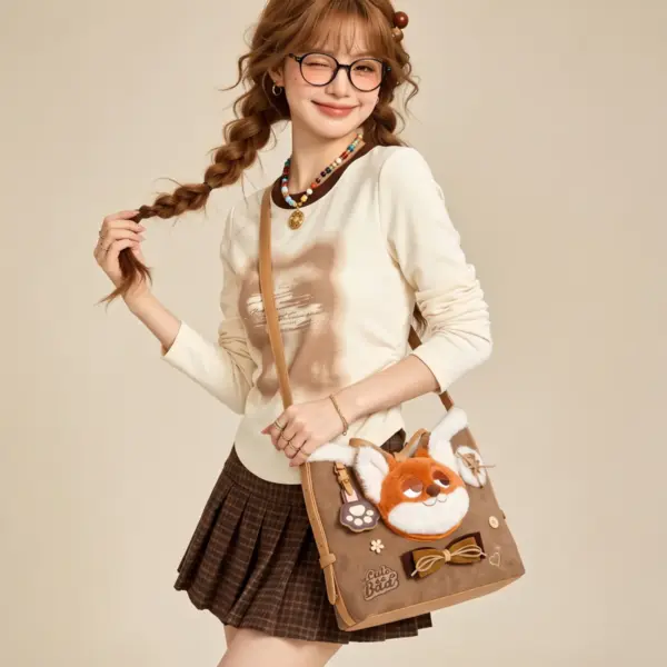 A girl in glasses and a plaid skirt carrying a brown suede shoulder bag with a fluffy Nick Wilde fox face applique.